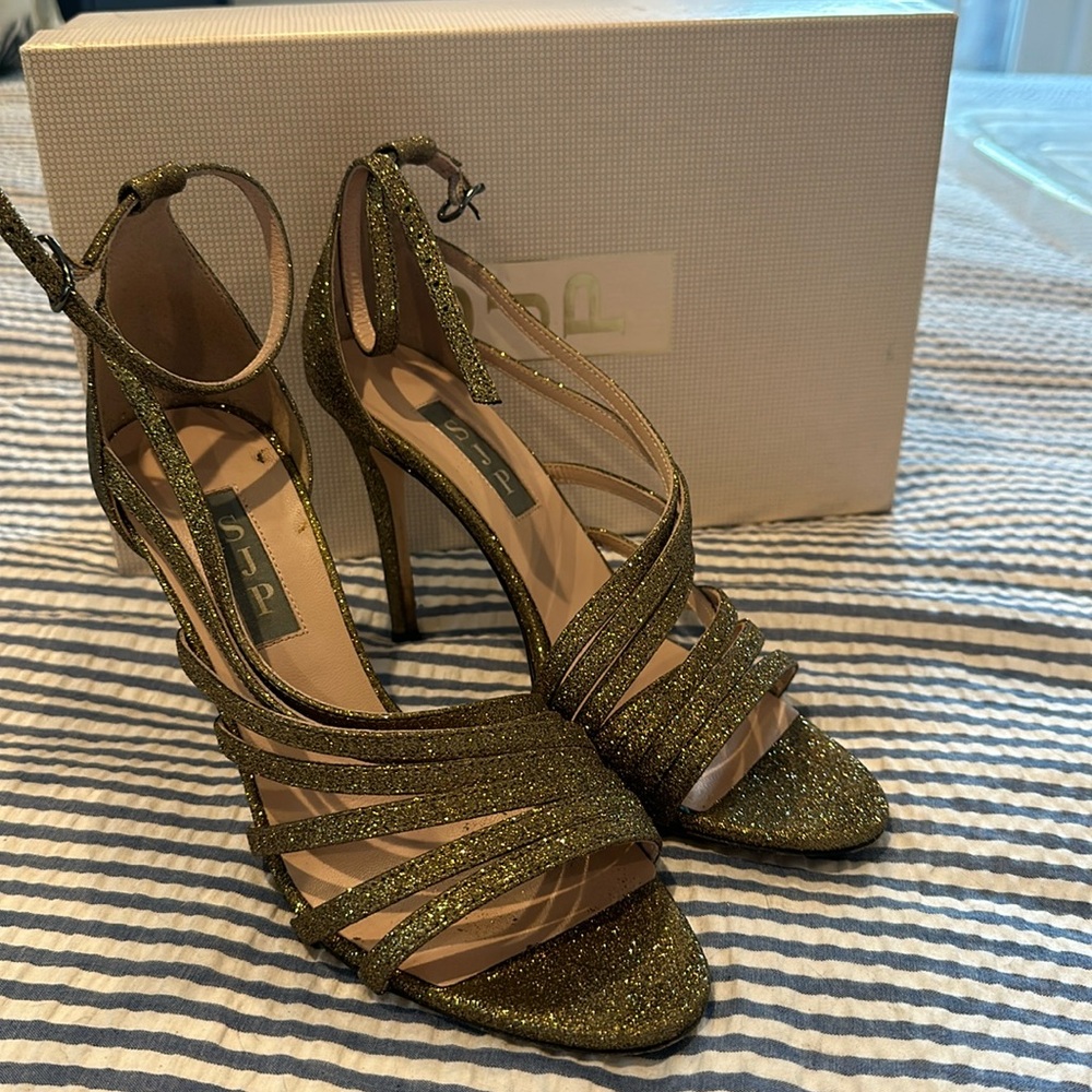 SJP Benson Gold Glitter Heels